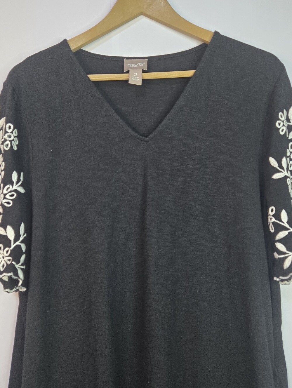 Chico's Size 2 Black Cotton V-neck Midi Dress, White Embroidery Short Sleeves - Picture 3 of 12